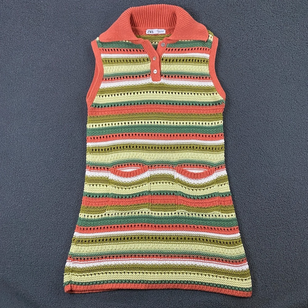 Zara Knit Crochet Dress size Medium Mini Sweater Boho Hippie Festival Polo